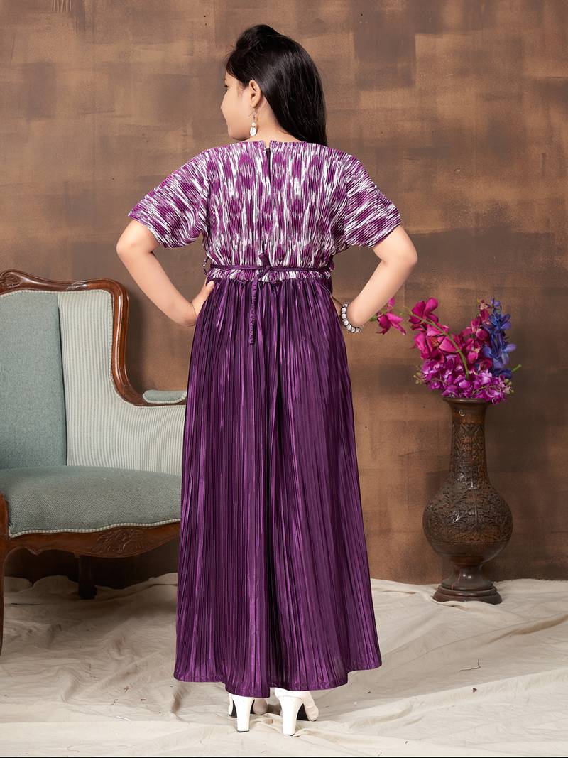 Aarika girls party wear purple colour abstract print nylon dress with belt