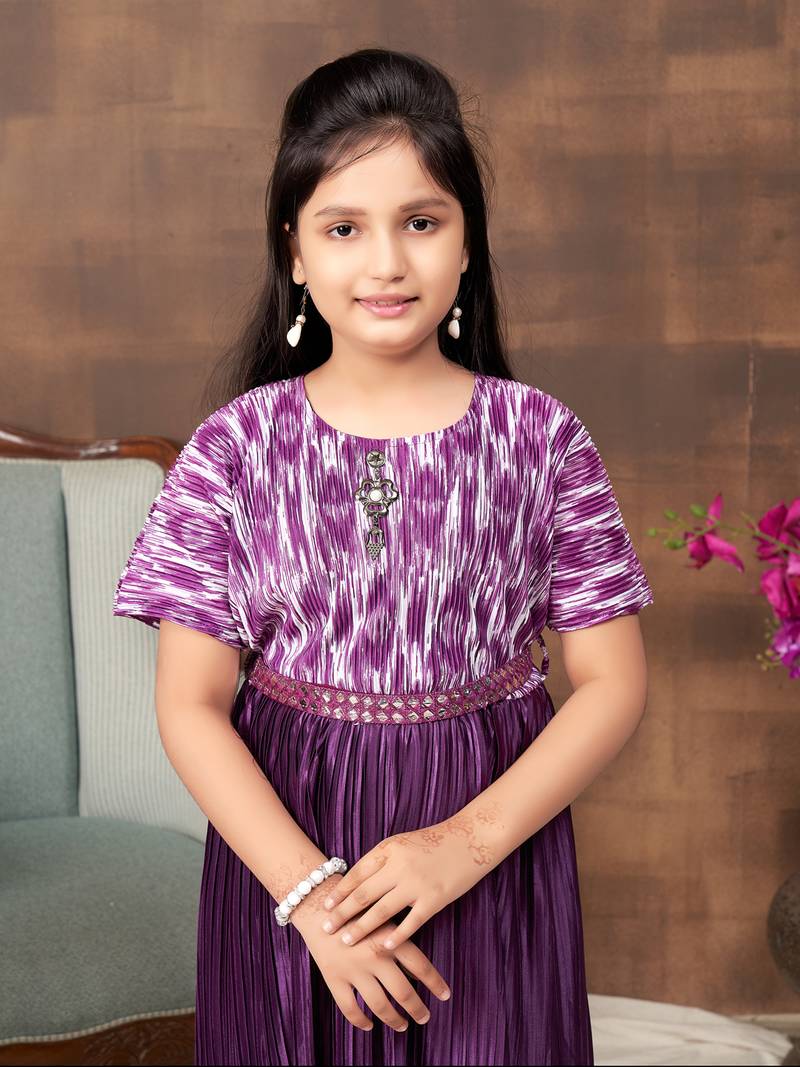 Aarika girls party wear purple colour abstract print nylon dress with belt