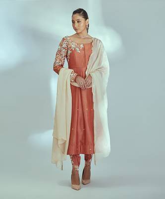 Orange and off white silk anarkali set 1