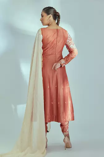 Orange and off white silk anarkali set