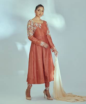 Orange and off white silk anarkali set 3