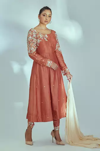 Orange and off white silk anarkali set