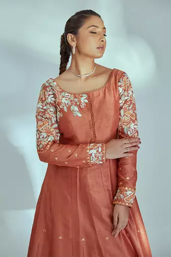 Orange and off white silk anarkali set