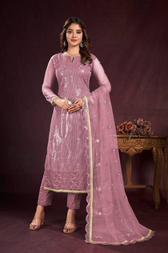 PURPLE EMBROIDERED SALWAR KAMEEZ SUIT SEMI STITCHED