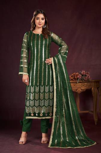 GREEN EMBROIDERED SALWAR KAMEEZ SUIT SEMI STITCHED