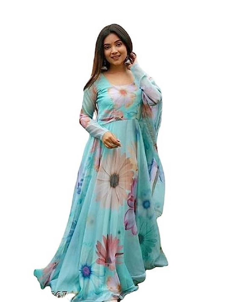 Attractive sky blue georgette gown for women with dupatta