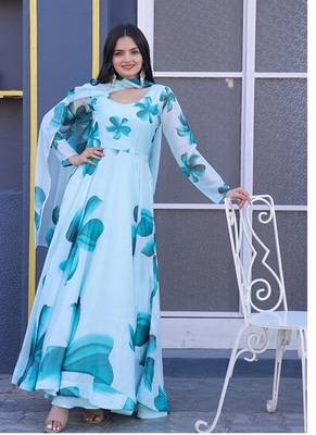 Attractive sky blue georgette gown for women with dupatta 1