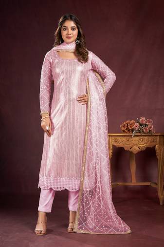 PINK EMBROIDERED SALWAR KAMEEZ SUIT SEMI STITCHED