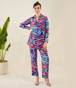 Blue and red marine wave print shirt and pants set