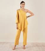 Mustard  hand embroidered asymmetrical top with straight pants set