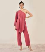 Rouge red one-shoulder crystal hand embroidered asymmetrical top with straight pants set