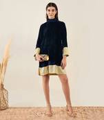 Blue silk velvet dress with gold sequin border