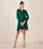 Teal wrap around embellished satin short dress