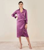 Lilac wrap around embellished satin mid length dress