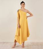 Mustard one-shoulder crystal hand embroidered asymmetrical dress