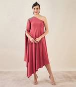 Rouge red one-shoulder crystal hand embroidered asymmetrical dress