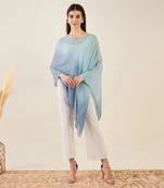 Blue ombre asymmetrical embellished cashmere poncho