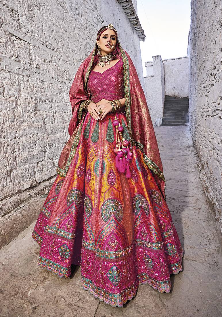 Magenta colour banarasi jacquard silk embroidered lehenga choli