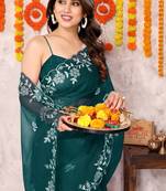 Dark teal net floral embroidery border saree with unstitched blouse piece