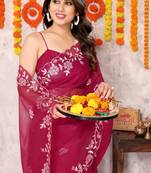 Pink net floral embroidery border saree with unstitched blouse piece