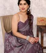 Dusty Wine Chiffon Block Print Saree With Unstitched Blouse Piece
