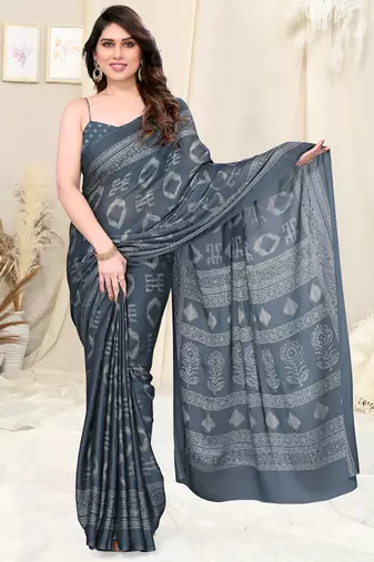 Grey Chiffon Block Print Saree With Unstitched Blouse Piece