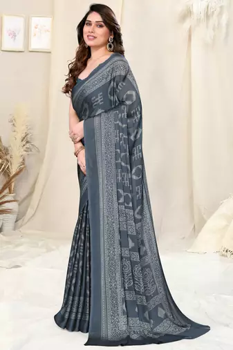 Grey Chiffon Block Print Saree With Unstitched Blouse Piece