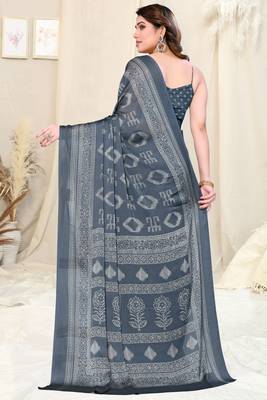 Grey Chiffon Block Print Saree With Unstitched Blouse Piece 4