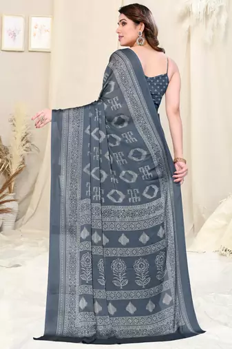 Grey Chiffon Block Print Saree With Unstitched Blouse Piece