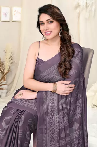 Dusty Purple Chiffon Block Print Saree With Unstitched Blouse Piece