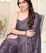 Dusty Purple Chiffon Block Print Saree With Unstitched Blouse Piece