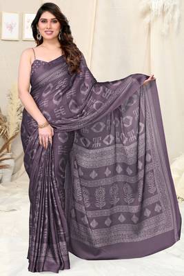 Dusty Purple Chiffon Block Print Saree With Unstitched Blouse Piece 2