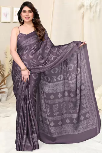 Dusty Purple Chiffon Block Print Saree With Unstitched Blouse Piece