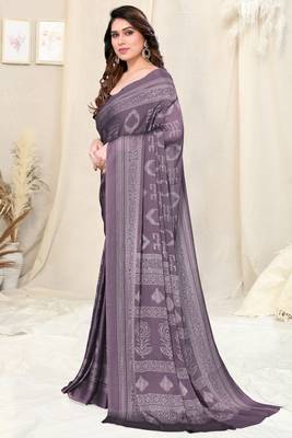 Dusty Purple Chiffon Block Print Saree With Unstitched Blouse Piece 3