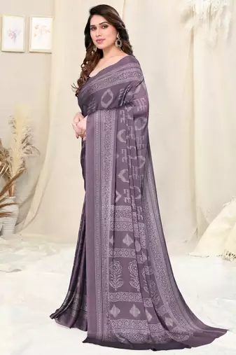 Dusty Purple Chiffon Block Print Saree With Unstitched Blouse Piece