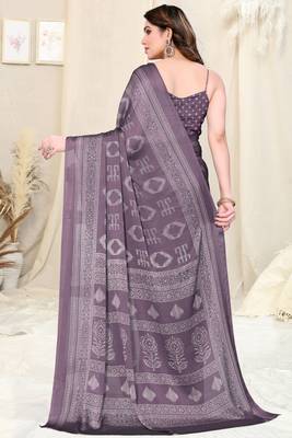 Dusty Purple Chiffon Block Print Saree With Unstitched Blouse Piece 4