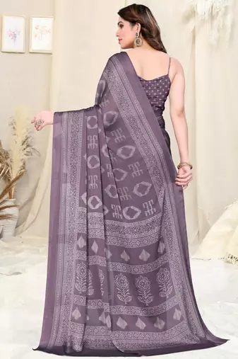 Dusty Purple Chiffon Block Print Saree With Unstitched Blouse Piece