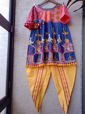 Navy blue khadi Embroidered kedia With one size sleeve and  tulip pants set 8