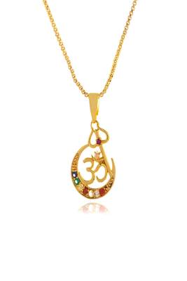 Om designer studded gold plated pendant with chain 3