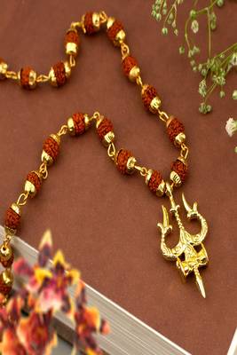Gold capped rudraksha and trident pendant necklace 1