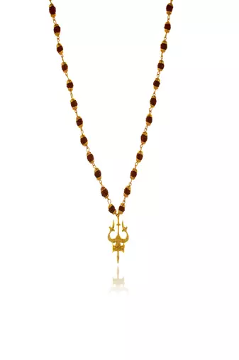 Gold capped rudraksha and trident pendant necklace