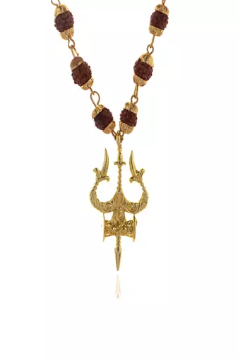 Gold capped rudraksha and trident pendant necklace