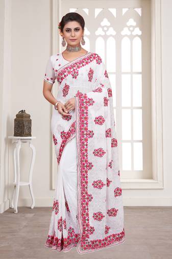 White Resham sequin Embroidery Georgette Saree
