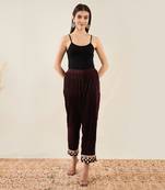 Maroon silk velvet straight pants with mirror lace detail