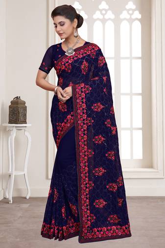 Navy Blue Resham sequin Embroidery Georgette Saree