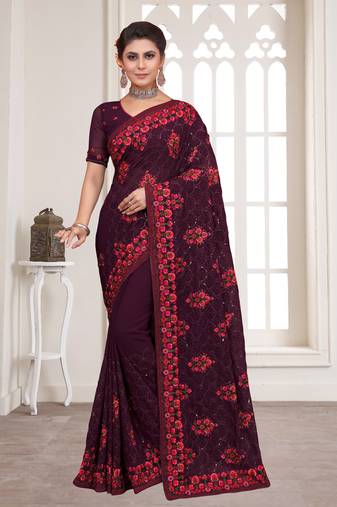 Purple Resham sequin Embroidery Georgette Saree