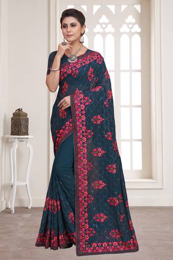 Teal Blue Resham sequin Embroidery Georgette Saree