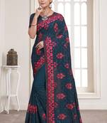Teal Blue Resham sequin Embroidery Georgette Saree