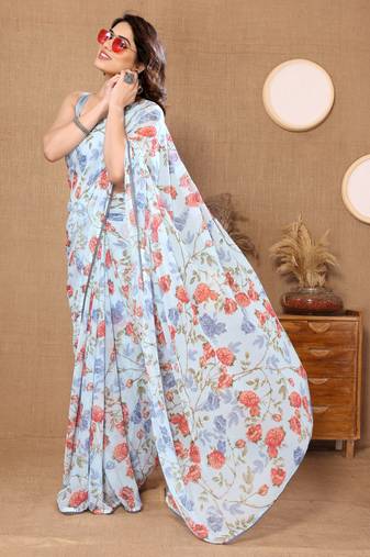 Blue Soft Georgette Printed Saree With Mono Banglory Blouse & Saree Is One Minute Ready To Wear Pre-Stitiched Saree