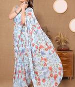 Blue Soft Georgette Printed Saree With Mono Banglory Blouse & Saree Is One Minute Ready To Wear Pre-Stitiched Saree